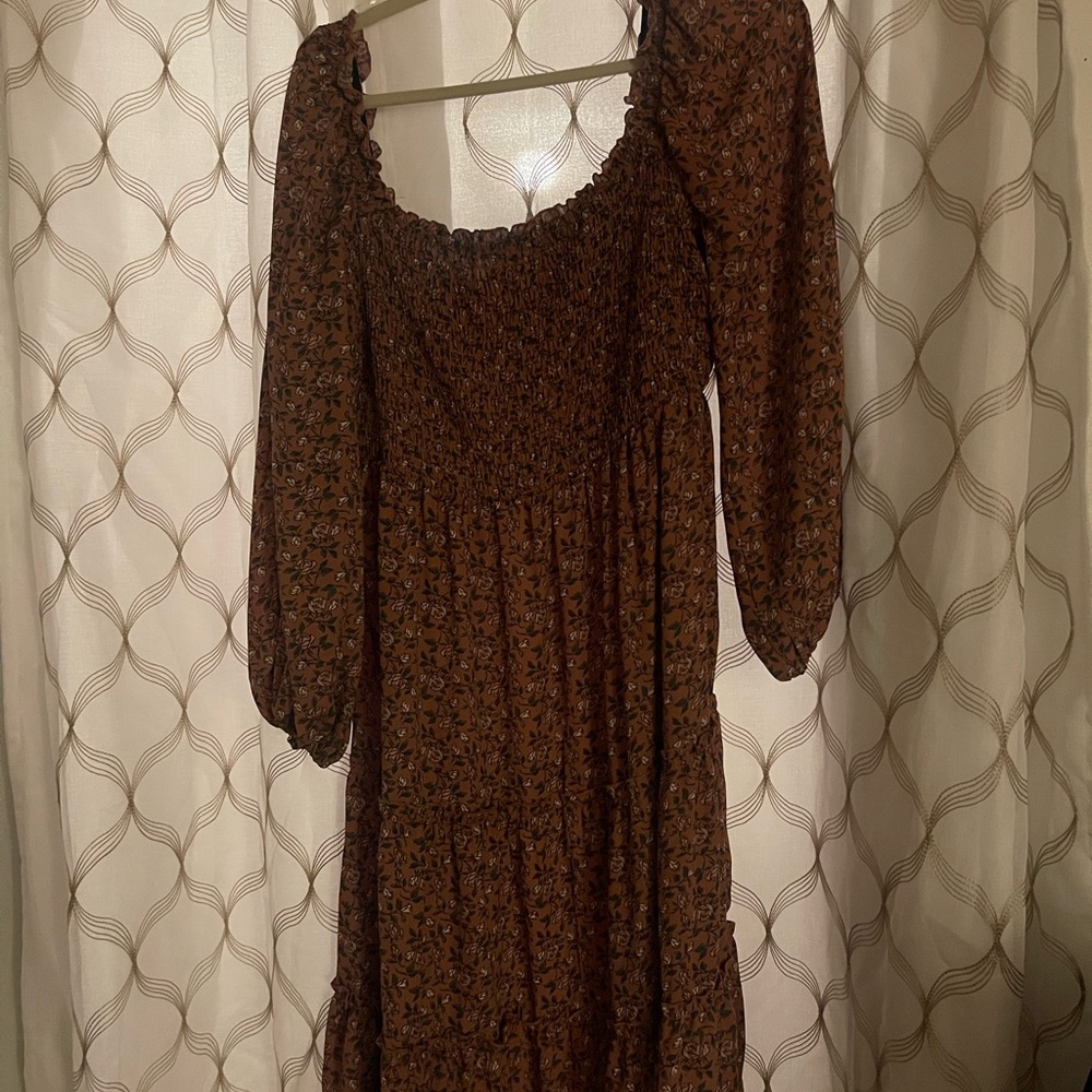 AUW Brown Long Sleeve Floral Dress
